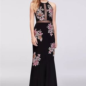 Xscape Black Maxi Dress with Pink Floral Embroidery